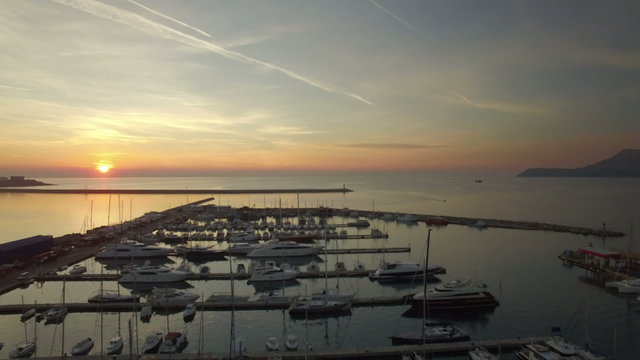 Aerial view of port in Bar city at sunset