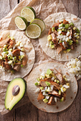 tortilla with carnitas, onions and avocado close-up. Vertical top view
