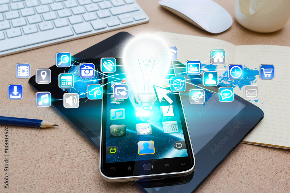 Poster modern mobile phone with lightbulb and digital icons