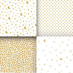 Set of seamless patterns with cartoon stars and moon on white ba