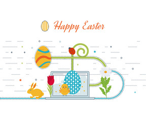 Happy Easter Card with Eggs, Grass, Flowers. Poster, greeting card.