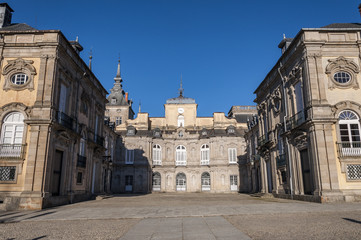 View of the Royal Palace of La Granja de San Ildefonso from the Horseshoe Courtyard, Segovia, Spain