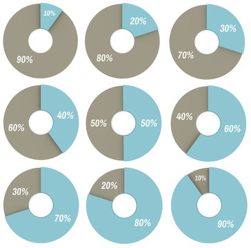 Set Of Blue And Grey Pie Charts 10, 20, 30, 40, 50, 60, 70, 80, 90 Percent Isolated