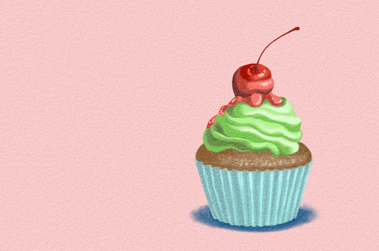 Cupcake with cream, strawberry hot fudge and cherry on Rose quartz background. Digital painting image. 