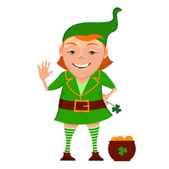 Cartoon girl leprechaun with pot and leaf clover isolated on a white background. Vector illustration of a girl leprechaun smiles and welcomes. Character girl leprechaun for St. Patrick's Day