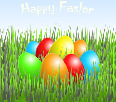 Vector Happy Easter colored eggs in grass
