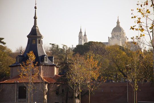 Virgen del Puerto hermitage and Almudena Cathedral in Madrid Rio, Madrid, Spain. Madrid Rio is the last great ecological development in the city.