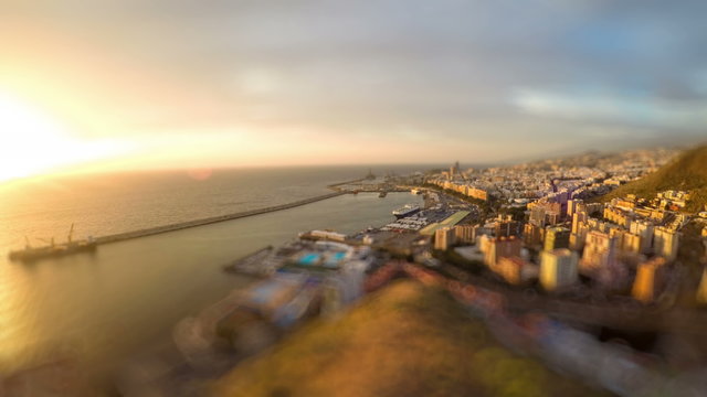 Panoramic view on Santa Cruz city the capital of Tenerife island. Time lapse video footage with tilt-shift effect