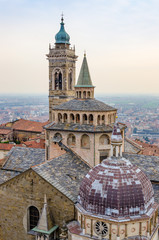 Detail view of church and bell tower in Bergamo, Italy