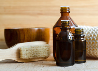 Set of various essential oils and toiletries