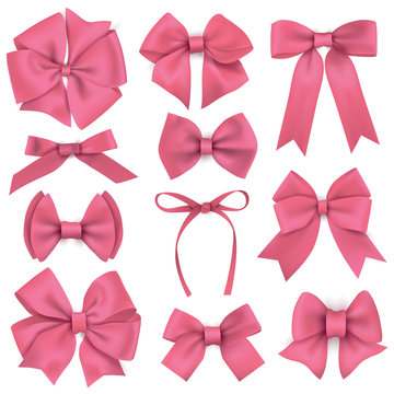 Big set of realistic pink gift bows and ribbons