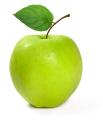 Green apple with leaf, isolated on white background.