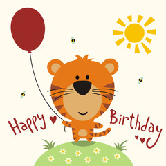 Happy birthday card, vector  funny little tiger with balloon, handwritten text