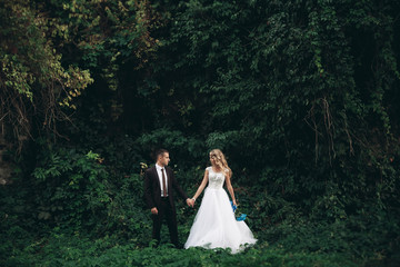Luxury wedding couple hugging and kissing on the background gorgeous plants and cave near ancient castle