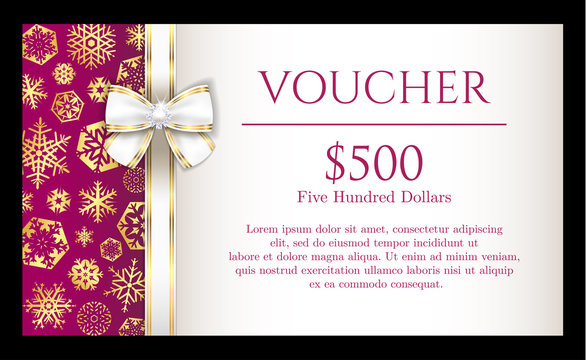 Luxury Christmas voucher with golden snowflakes on purple background and with white ribbon