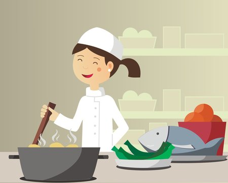 Una mujer cocinera trabajando feliz en una cocina. Ilustraci&oacute;n vectorial