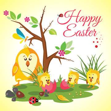 Happy Easter background meadow with cute chickens family, ladybug, butterfly and tree, vector illustration