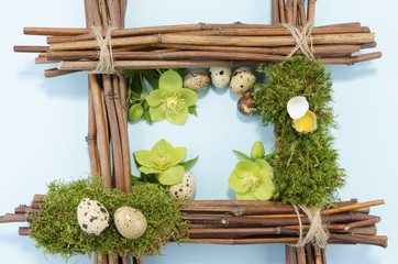 Easter frame with seven boiled  and one raw eggs and three hellebore flowers
