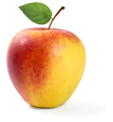Organic apple with leaf, isolated on white background.
