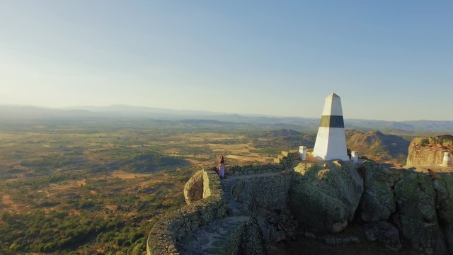 Drone Tourist Tower Castle Woman Walking Tourism Surrounding Wall Travel Fort Historic Portugal Vacation Footage Beautiful Landscape Sunset Famous