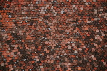 Colorful pattern of tiles on the roof. Medieval castle roof tiles texture.