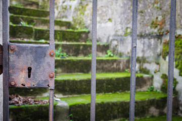 rusty gate closed before a moss-covered stairs