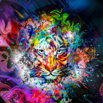Яркий абстрактный красочный фон с тигром, всплесками краски, бабочками и цветками