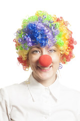 Funny clown woman, female isolated on white