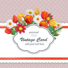 Spring Vintage Illustration with Flowers. Universal  Card Templa