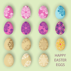 Pastel happy easter eggs set with pattern or ornament, vector illustration