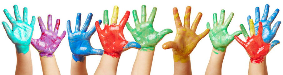 Kinder winken mit vielen bunten Händen - obrazy, fototapety, plakaty