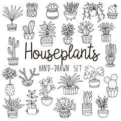 Hand drawn line set of houseplants in pots