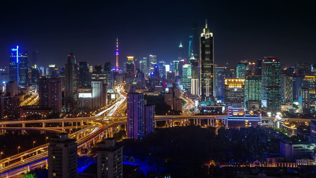 night light shanghai city interchange and buildings panorama 4k time lapse
