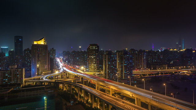 night light traffic shanghai road 4k time lapse from the roof 
