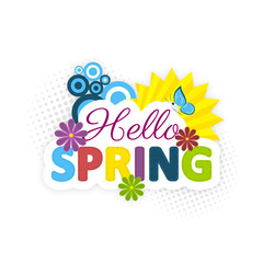 Hello spring. Colorful flowers, sun and blue butterfly.