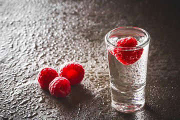 Raspberry vodka glass shot with fruit inside.