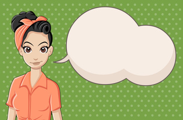 Retro woman wearing vintage clothes talking.