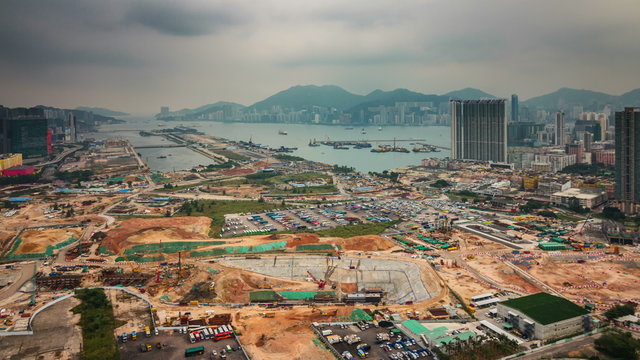 day light hong kong city global bay construction 4k time lapse china
