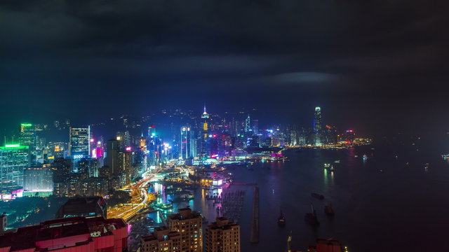 hong kong high night light port bay panorama 4k time lapse china
