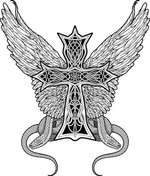 cross in celtic style with big wings and two snakes