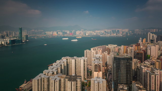 sunny day hong kong city mountain bay panorama 4k time lapse china
