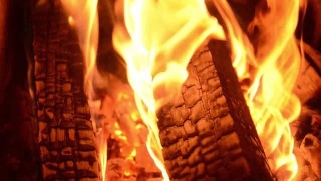 Nahaufnahme von brennendem Holz in einem Ofen