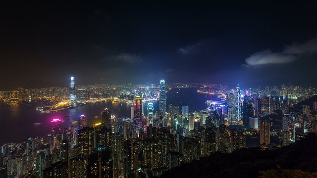 hong kong high night light river view panorama 4k time lapse china
