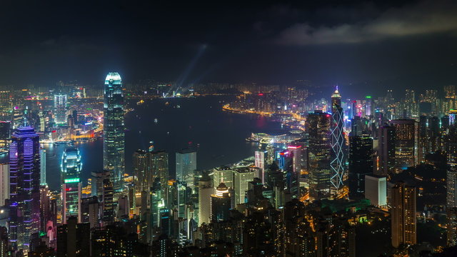 night light hong kong city bay round roof top panorama 4k time lapse china

