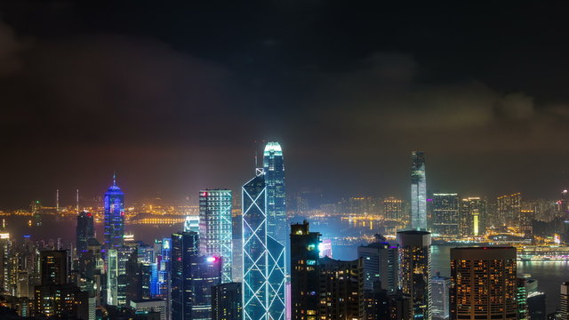 hong kong night light skyscrapers tops city panorama 4k time lapse china
