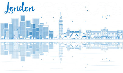 Obraz premium Outline London skyline with blue skyscrapers and reflections.