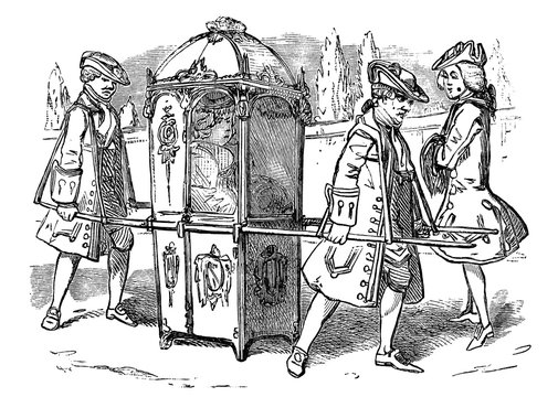 An engraved vintage illustration image of an old fashioned Georgian Sedan Chair with a lady passenger from a Victorian book dated 1883 that is no longer in copyright
