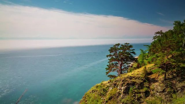 sunny day summer panorama of baikal lake in russian siberia 4k time lapse 
