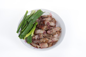 Bacon in white plate isolated on white background