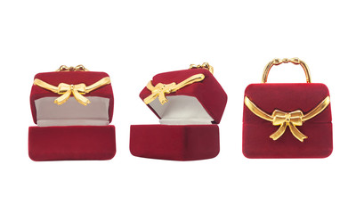 Isolated jewelry box photo. Isolated red velvet box for jewelry photo.